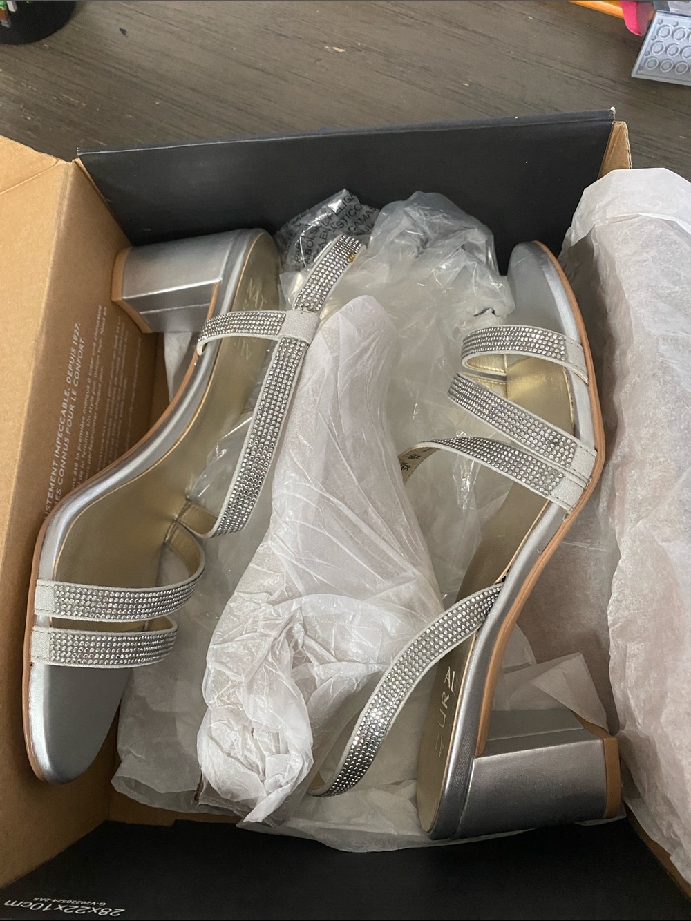 Naturalizer Silver Rhinestone Strappy Block Heel Sandals
